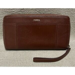 Fossil Madison Brown Leather Zip Around Clutch Wristlet Wallet SWL3008